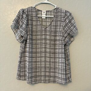 Cabi Agenda top in black and white moody plaid ruffle sleeve size small